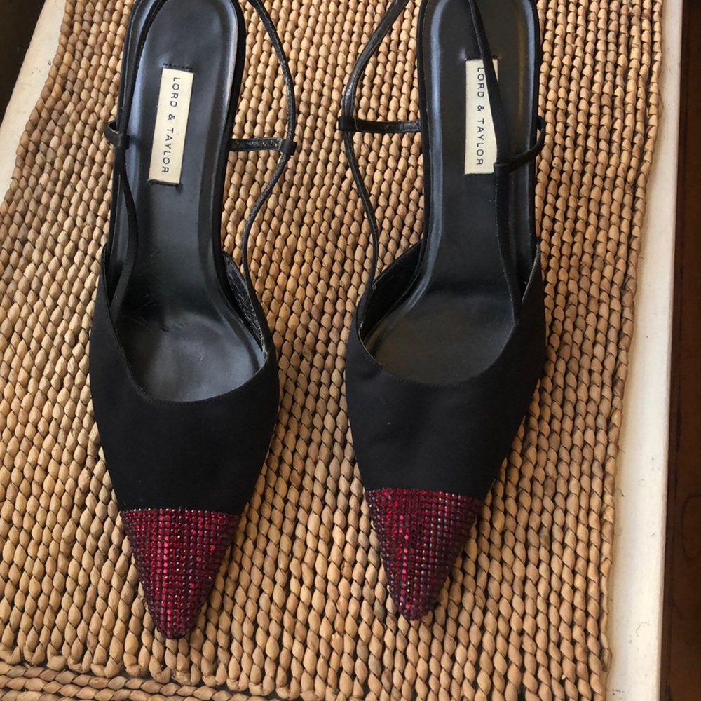 Black Faille Sling Back Pump With Red Jeweled Toe